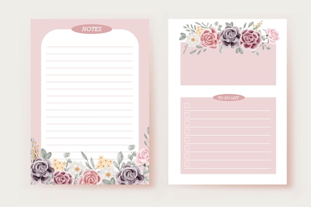 notes et modèle de liste de tâches avec fleur rose