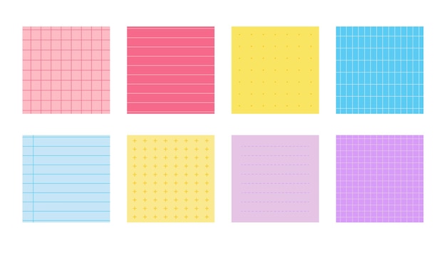 Des notes en papier de couleur plate définissent une feuille de modèles au carré avec différentes croix linéaires en pointillés et en grille ...