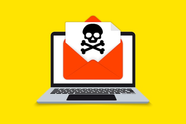 Notification d'alerte sur ordinateur portable, concept de malware, virus, spam, application malveillante ou piratage d'un ordinateur portable. Notification de logiciels malveillants. Alerte d'alerte de virus d'avertissement à l'écran. Message de malware d'enveloppe
