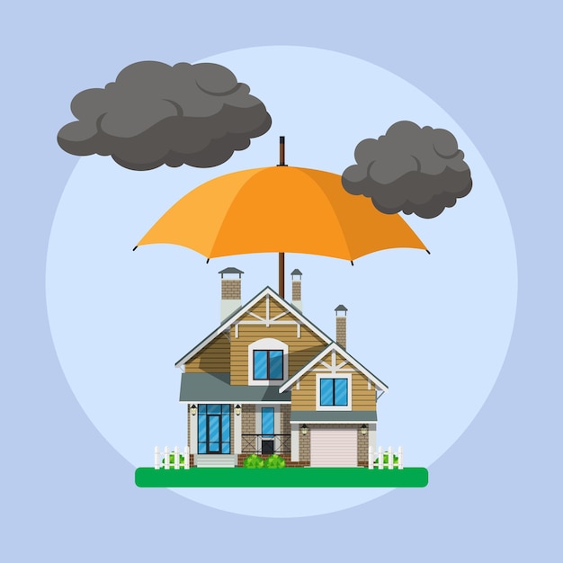 Notion D'assurance Habitation. Parapluie Au-dessus De La Maison. Entreprise D'assurance. Illustration Vectorielle Au Design Plat. .