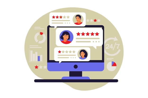 Notion d'avis client. Commentaires des utilisateurs. Évaluation d'un employé. Évaluation étoilée. Illustration vectorielle. Appartement.