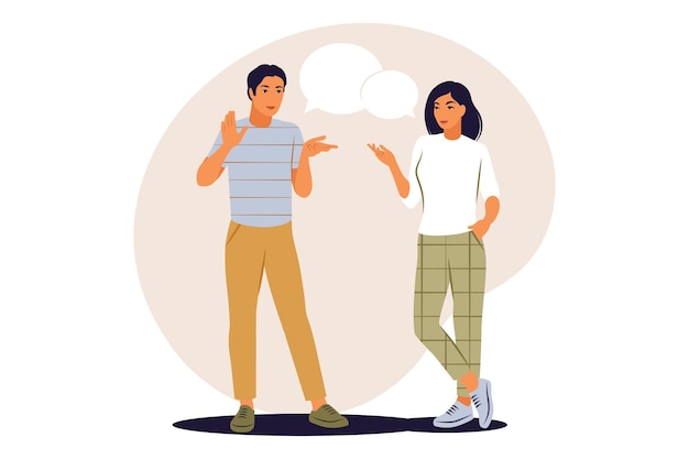 Notion de dialogue. Homme et femme parlant avec des bulles. Illustration vectorielle. Appartement.