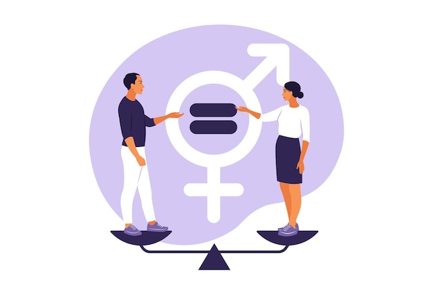 Vecteur notion d'égalité des sexes. caractère des hommes et des femmes sur les échelles de l'égalité des sexes. illustration vectorielle. plat.