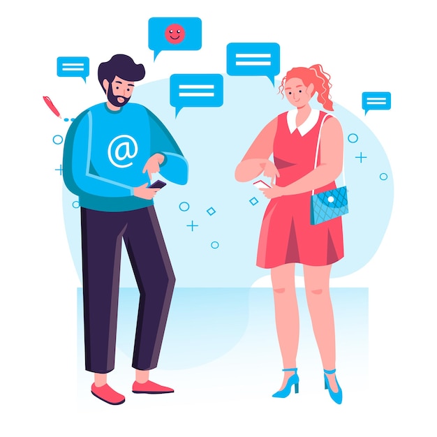 Notion De Réseau Social. Homme Et Femme Utilisant Des Smartphones, Discutant Avec Des Amis. Dépendance à Internet Et Scène De Personnage De Communication En Ligne. Illustration Vectorielle Au Design Plat Avec Des Activités De Personnes