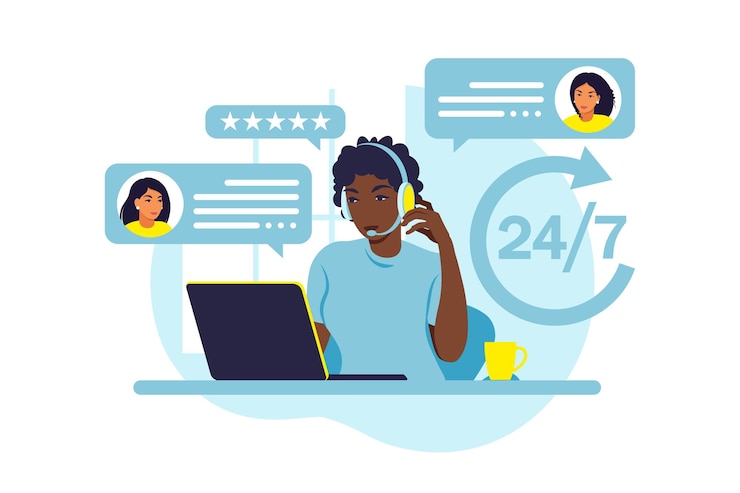 Vecteur notion de service client. femme africaine avec casque et microphone avec ordinateur portable. support, assistance, call center. illustration. style plat