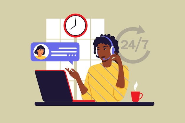 Notion de service client. Femme africaine avec casque et microphone avec ordinateur portable. Support, assistance, call center. Illustration vectorielle. Style plat