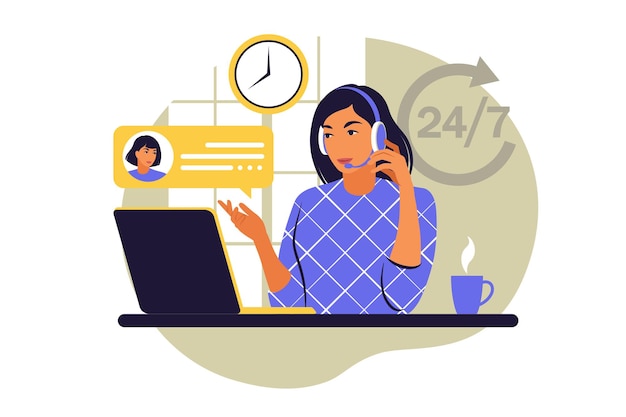 Notion de service client. Femme avec casque et microphone avec ordinateur portable. Support, assistance, call center. Illustration vectorielle. Style plat