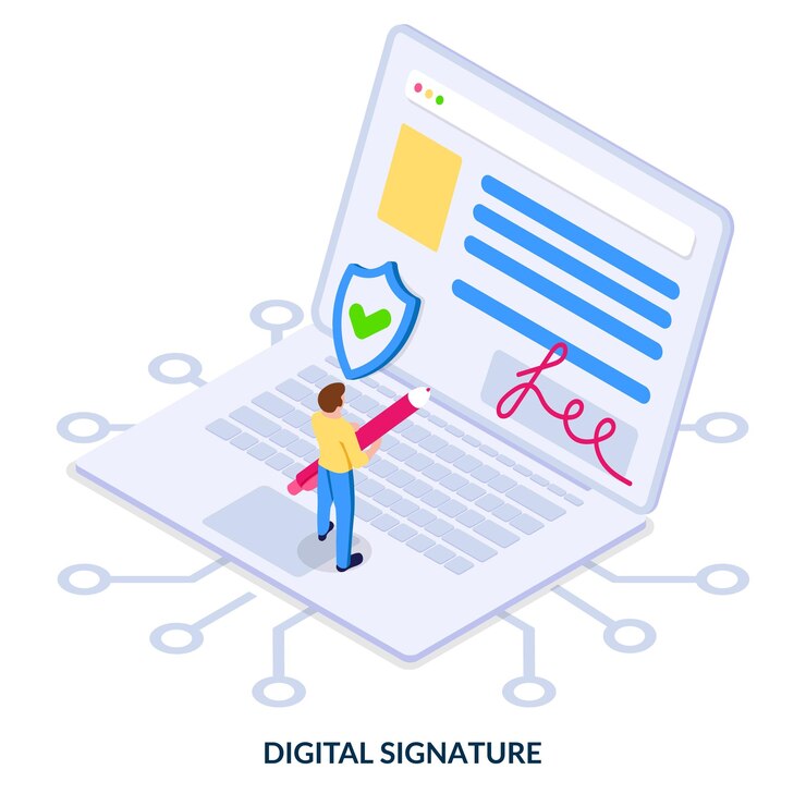 Notion de signature numérique. Illustration isométrique sur fond blanc