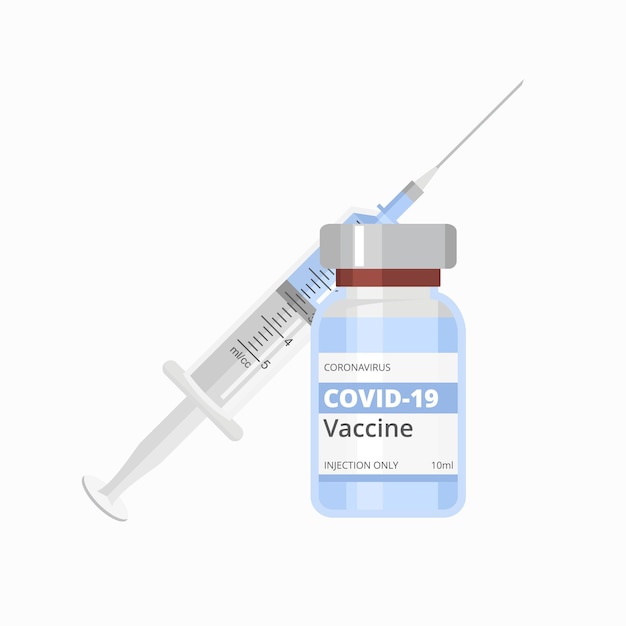 Notion De Vaccination. Bouteille Et Seringue De Vaccin Contre Le Coronavirus Covid-19 Avec Aiguille. Illustration Vectorielle