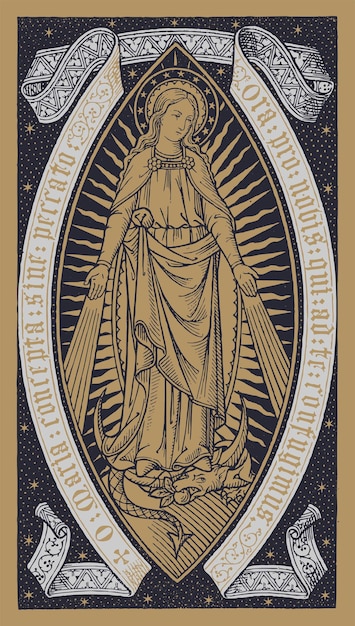 Notre-dame De La Médaille Miraculeuse. Gravure Sur Bois D'époque. Mère Marie