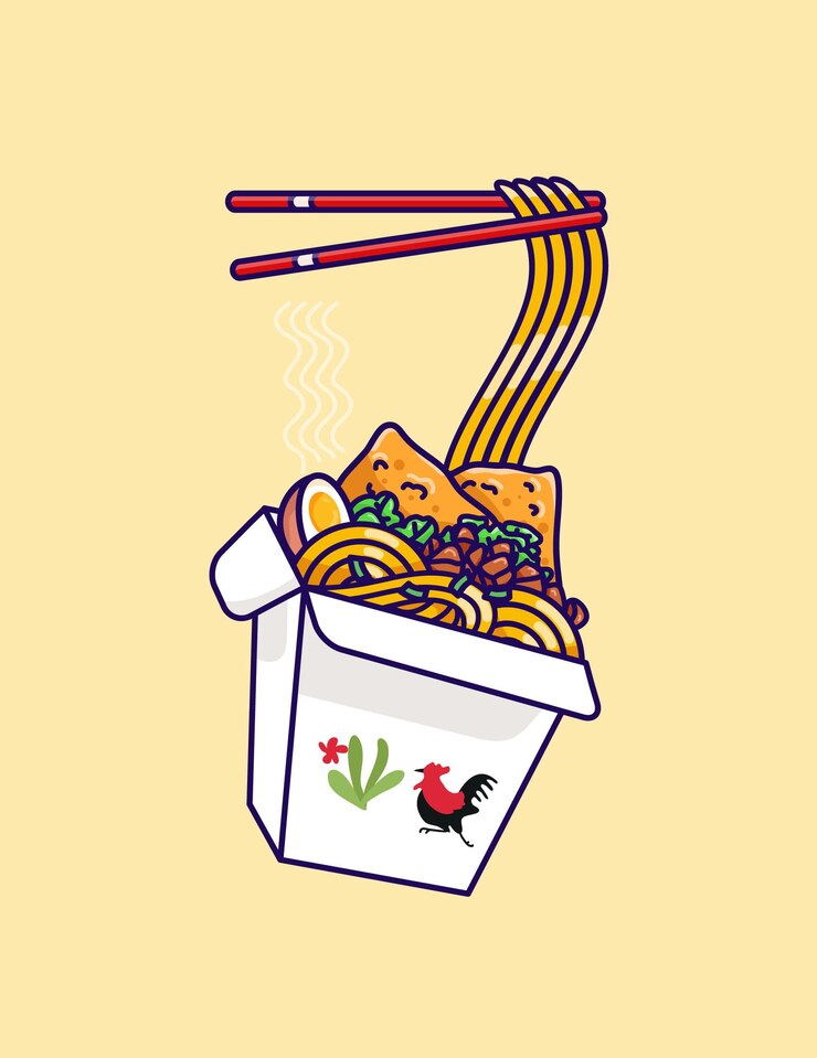 Nouilles au poulet de style indonésien en illustration vectorielle de boîte