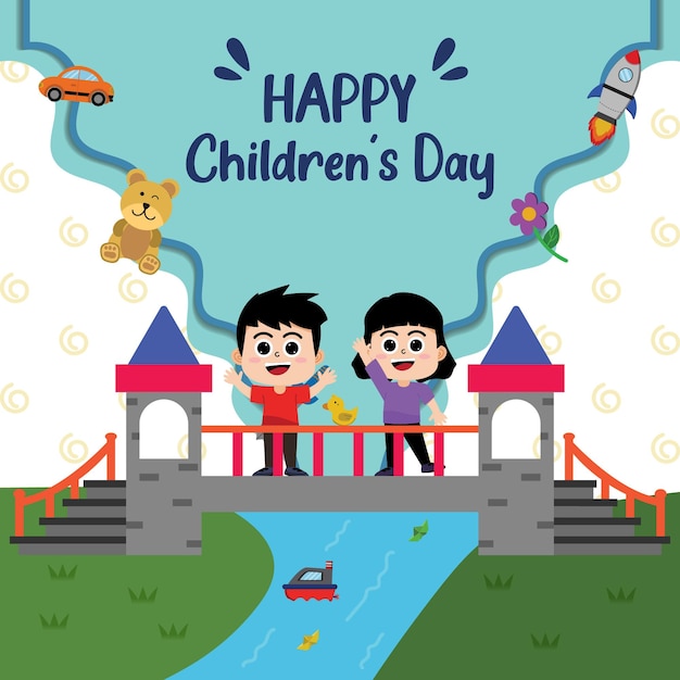 Nourrit l'illustration de la rivière et du pont dessinés à la main de Happy Children Day