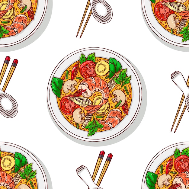 Nourriture Asiatique. Tom Miam Kung. Arrière-plan Transparent D'une Soupe Thaïe Traditionnelle Appétissante Aux Crevettes. Illustration Dessinée à La Main