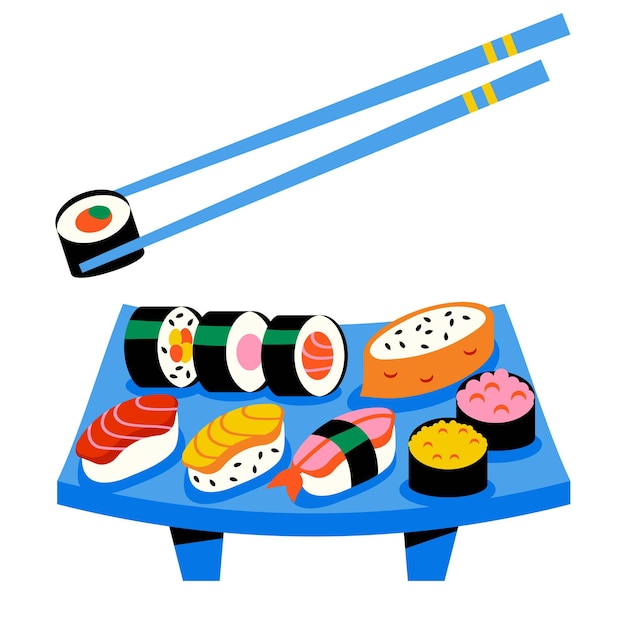 Nourriture Asiatique Traditionnelle De Sushi. Sashimi, Petits Pains, Sur Un Plateau En Bois. Les Baguettes Tiennent Des Sushis