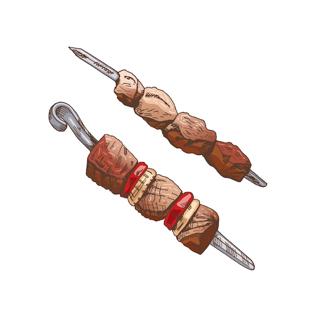 Nourriture biologique dessinée à la main en couleur dans le style rétro, ensemble de croquis vectoriels de kebab shashlik grillé sur une brochette