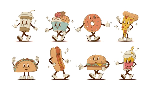 Vecteur nourriture et boisson de dessins animés rétro personnages pizza hot dog burger latte crème glacée taco smoothie