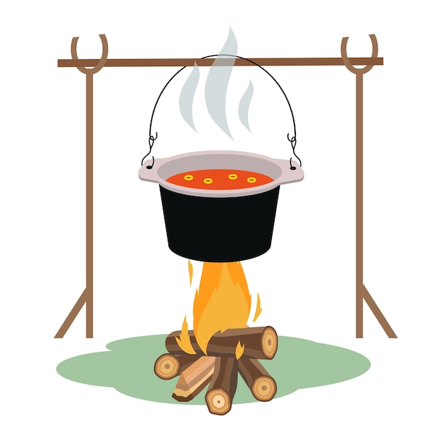 Vecteur la nourriture de camping est cuite sur un feu illustration vectorielle de style plat