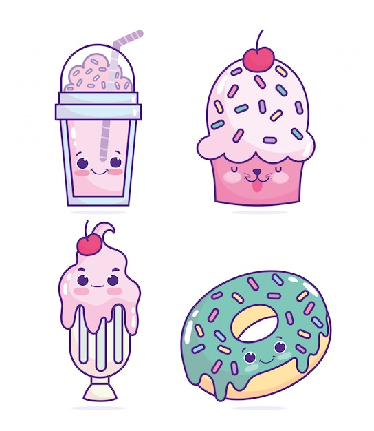 Nourriture Mignon Milkshake Cupcake Glace Crème Beignet Dessert Dessin Animé