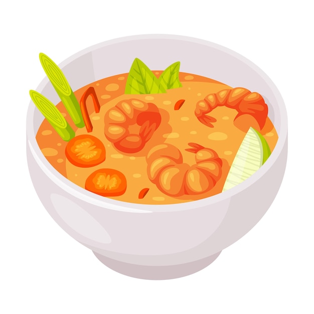 Nourriture traditionnelle thaïlandaise avec un bol de crevettes et une illustration vectorielle de légumes