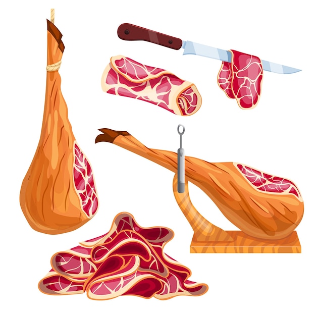 Vecteur nourriture de viande de jambon set illustration vectorielle de dessin animé