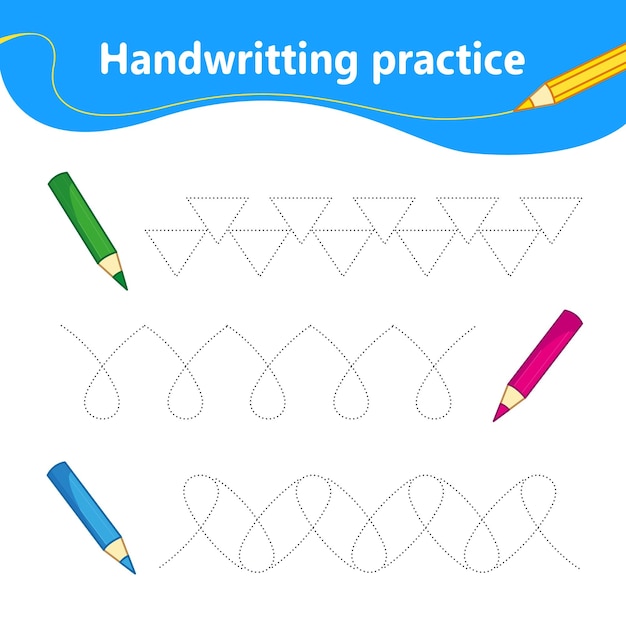 Nous Décrivons La Ligne Par Des Points Pour Enseigner L'écriture Manuscrite Décor Ensemble De Crayons De Couleur éducation Préscolaire