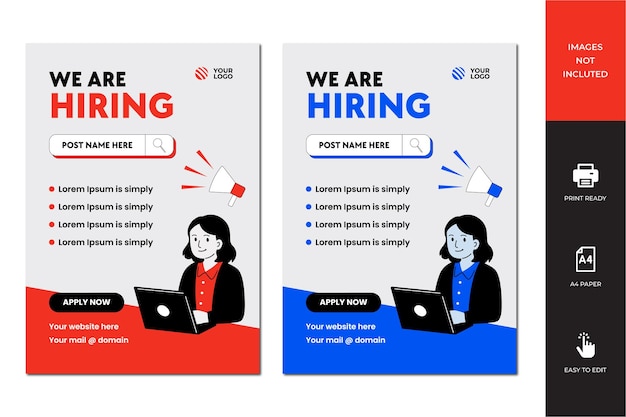 Nous embauchons un flyer Embaucher un flyer d'emploi Nous recruteons une annonce d'emploi Un flyer A4 Un modèle vectoriel
