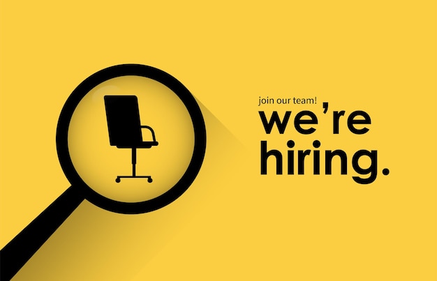 Nous recrutons concept. Annonce de recrutement d'entreprise minimale avec chaise de bureau et symbole de loupe.
