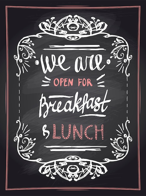 Nous sommes ouverts pour le petit-déjeuner et le déjeuner tableau de style panneau de menu dessiné à la main illustration vectorielle de style vintage