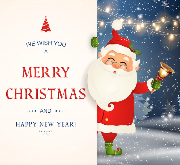 Nous vous souhaitons un Joyeux Noël. Bonne année. Personnage du père Noël avec grand panneau. Joyeux Père Noël avec cloche. Carte de voeux de vacances avec neige de Noël. Illustration isolée.