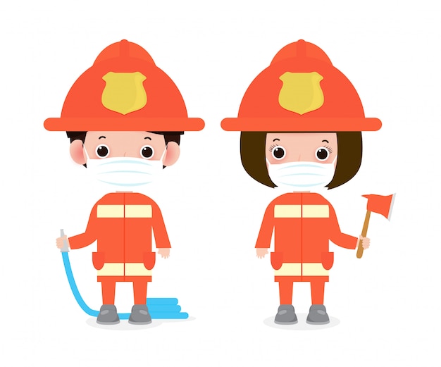 Nouveau Concept De Mode De Vie Normal. Happy Profession Firefighter Portant Un Masque Facial Protègent Du Coronavirus Covid-19, Profession Firefighter Avec Un équipement De Sécurité Incendie Isolé Sur Fond Blanc