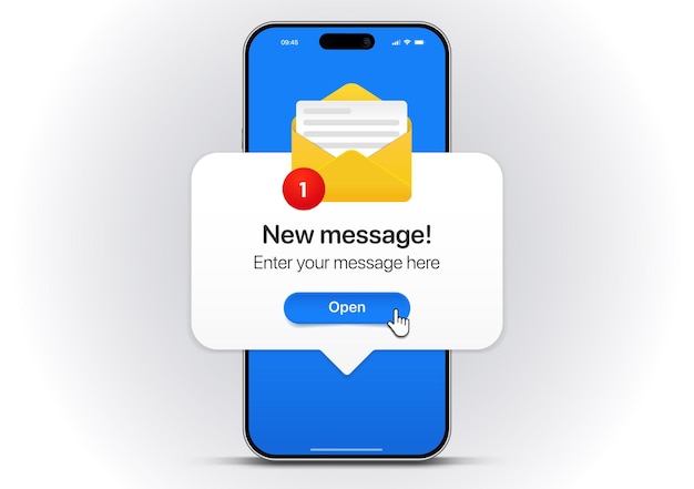 Nouveau concept de notification de message sur une maquette réaliste de smartphone Nouveau e-mail apparaît Entrant ouvre-moi