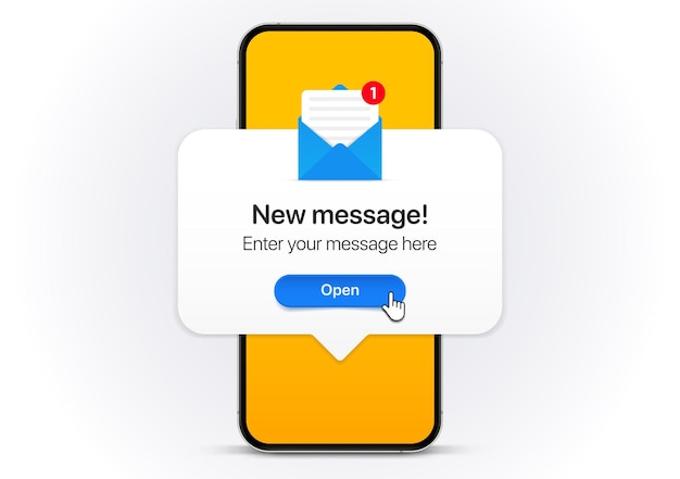 Nouveau concept de notification de message sur une maquette réaliste de smartphone Nouveau e-mail pop-up Entrée ouverte