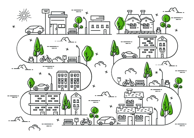 Nouveau concept pour l'illustration de la ligne de la ville avec voiture-arbre et vélo