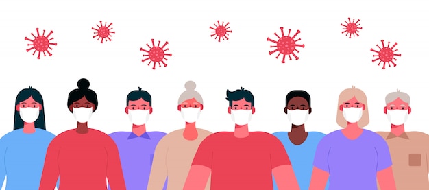 Nouveau Coronavirus 2019-ncov. Groupe De Personnes, Adultes, Personnes âgées Portant Des Masques Médicaux Blancs. Concept De Mise En Quarantaine Des Coronavirus. Arrêtez Le Coronavirus. Illustration Dans Un Style Cartoon Plat