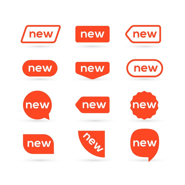 Nouveau design d'étiquette de style plat autocollant. Nouvelle étiquette de promotion isolée pour la publicité. Icône nouveau signe pour le marché.