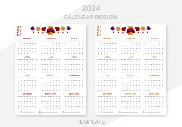 Vecteur le nouveau modèle de conception du calendrier 2024 est dessiné à la main.