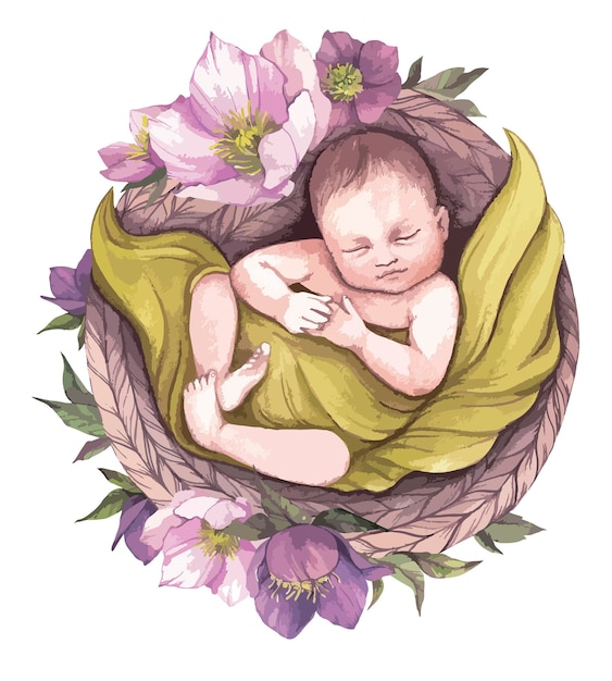 Nouveau-né Endormi En Fleurs. Baby Shower Boho Aquarelle Clipart