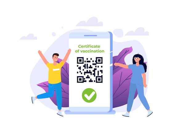 Nouveau Normal, Vaccin Mobile Certificat Ou Passeport, Qr Code Sur Demande. Illustration Vectorielle.