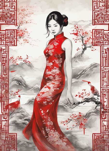 Vecteur nouvel an chinois 2 0 1 7 nouvel an chinois femme chinoise rouge en costume traditionnel avec un lant rouge