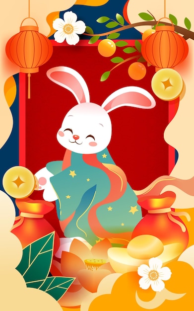 Nouvel An Chinois 2023, Célébration Du Nouvel An Du Lapin Avec Des Lingots Et De L'argent