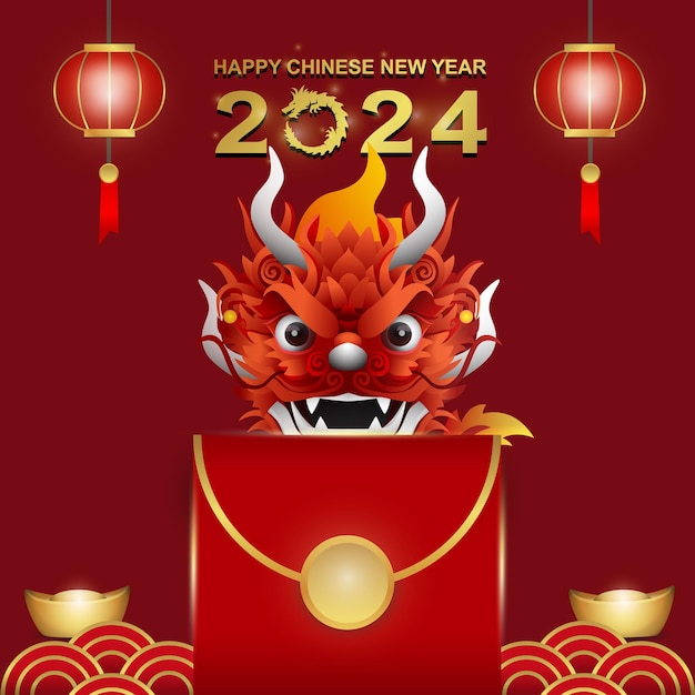 Vecteur nouvel an chinois 2024 année du dragon avec une illustration vectorielle de dragon sur un paquet rouge