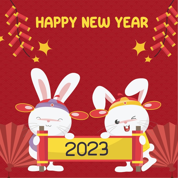 Nouvel An Chinois Plat 2023. Bonne Année Lunaire. Année Du Lapin D'eau. Carte De Voeux De Nouvel An.