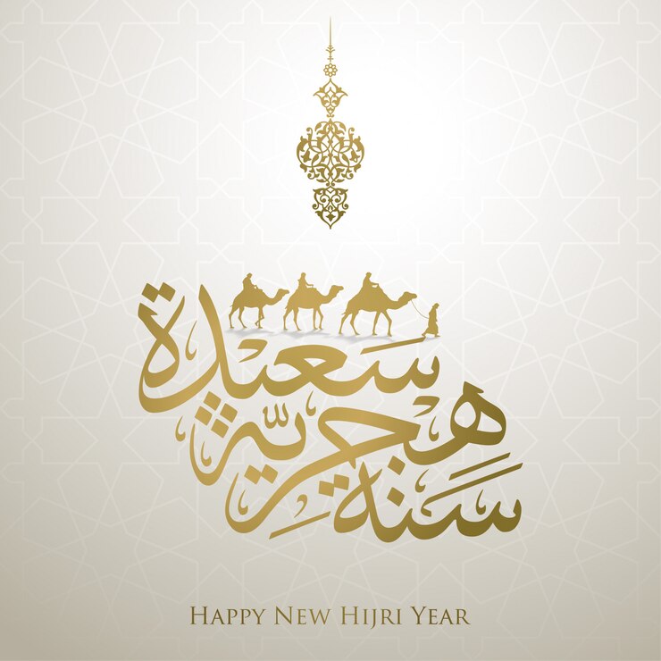 Vecteur nouvel an hégirien islamique salutation calligraphie arabe avec la migration arabe sur l'illustration de chameau