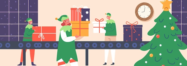 Nouvel An Et Joyeux Noël Concept Elf Travail D'équipe Sur Le Système De Tapis Roulant Usine De Noël Avec Les Aides Du Père Noël