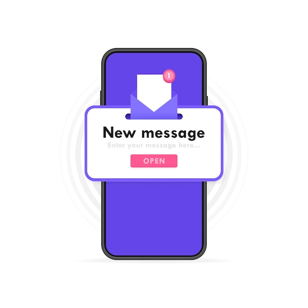 Nouvelle boîte pop-up de notification de message avec enveloppe ouverte sur l'écran du téléphone Design de courrier électronique pop-up