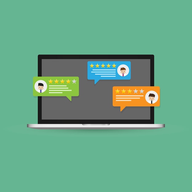 Nouvelle illustration vectorielle d'un ordinateur portable ayant des notifications d'avis de clients avec des évaluations de conception de style plat Affichage de l'ordinateur et commentaires des clients ou concept d'examen en ligne des étoiles d'évaluation de l'expérience