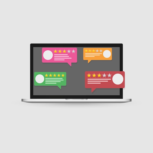 Nouvelle illustration vectorielle d'un ordinateur portable ayant des notifications d'avis de clients avec des évaluations de conception de style plat Affichage de l'ordinateur et commentaires des clients ou concept d'examen en ligne des étoiles d'évaluation de l'expérience