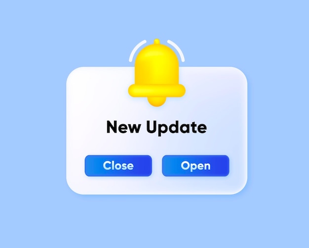 Nouvelle mise à jour du design 3D Étiquette moderne nouvelle mise à jour avec cloche Bannière Web avec cloche de notification