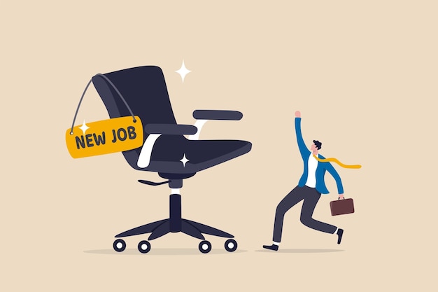 Vecteur nouvelle offre d'emploi ou nouvelle opportunité de carrière emploi et recrutement promus à un nouveau poste ou embauche de personnel pour le concept de poste vacant heureux homme d'affaires joyeux saluant avec sa nouvelle chaise de bureau