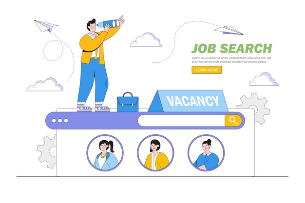 Nouvelle opportunité de lieu de travail pour les postes vacants concept sareer ou recherche d'emploi via le site Web Illustration vectorielle minimale de style de conception de contour pour les images de héros de bannière web de page de destination infographie